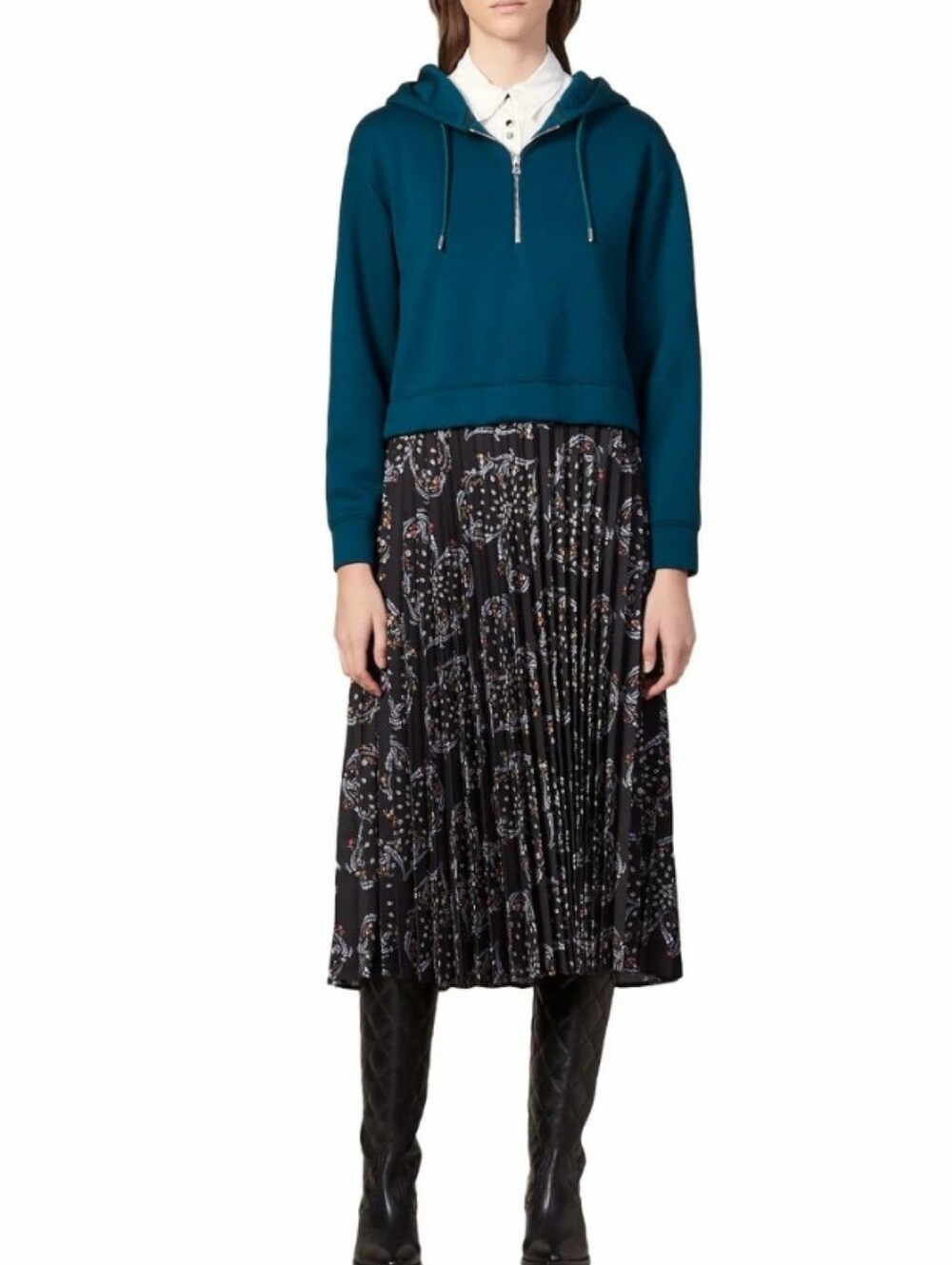 Sandro Sweatshirt Pleated Casual Midi Dress Loose Fit Size 40